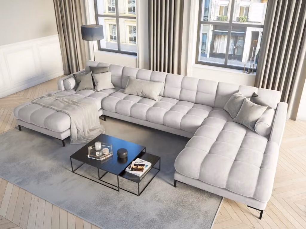 Divano panoramico Bali da 7 posti Cosmopolitan Design in velluto argento con struttura in metallo e forma a L L: 383 cm, P: 185 cm, H: 75 cm – 2
