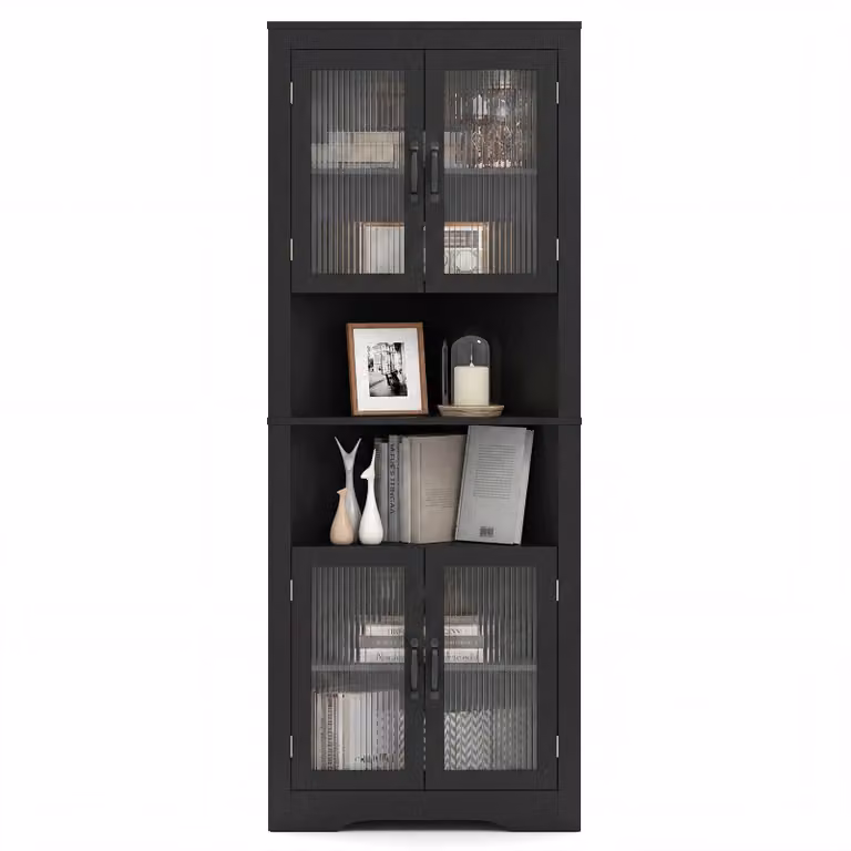 Mobiletto da cucina COSTWAY, pensile angolare con 4 ante in vetro e 6 ripiani, mobiletto buffet, mobiletto multifunzione, mobiletto alto, per cucina, sala da pranzo e soggiorno, colore nero