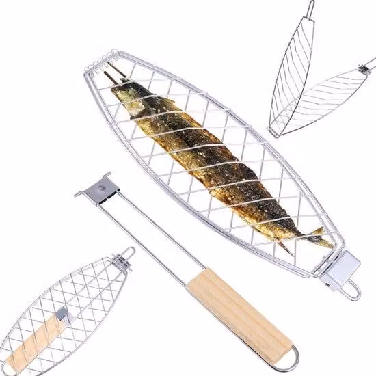 Griglia da esterno con cestello in ferro e manico in legno, completa di griglia antiaderente, per cucinare all'aperto, ideale per grigliare il pesce.
