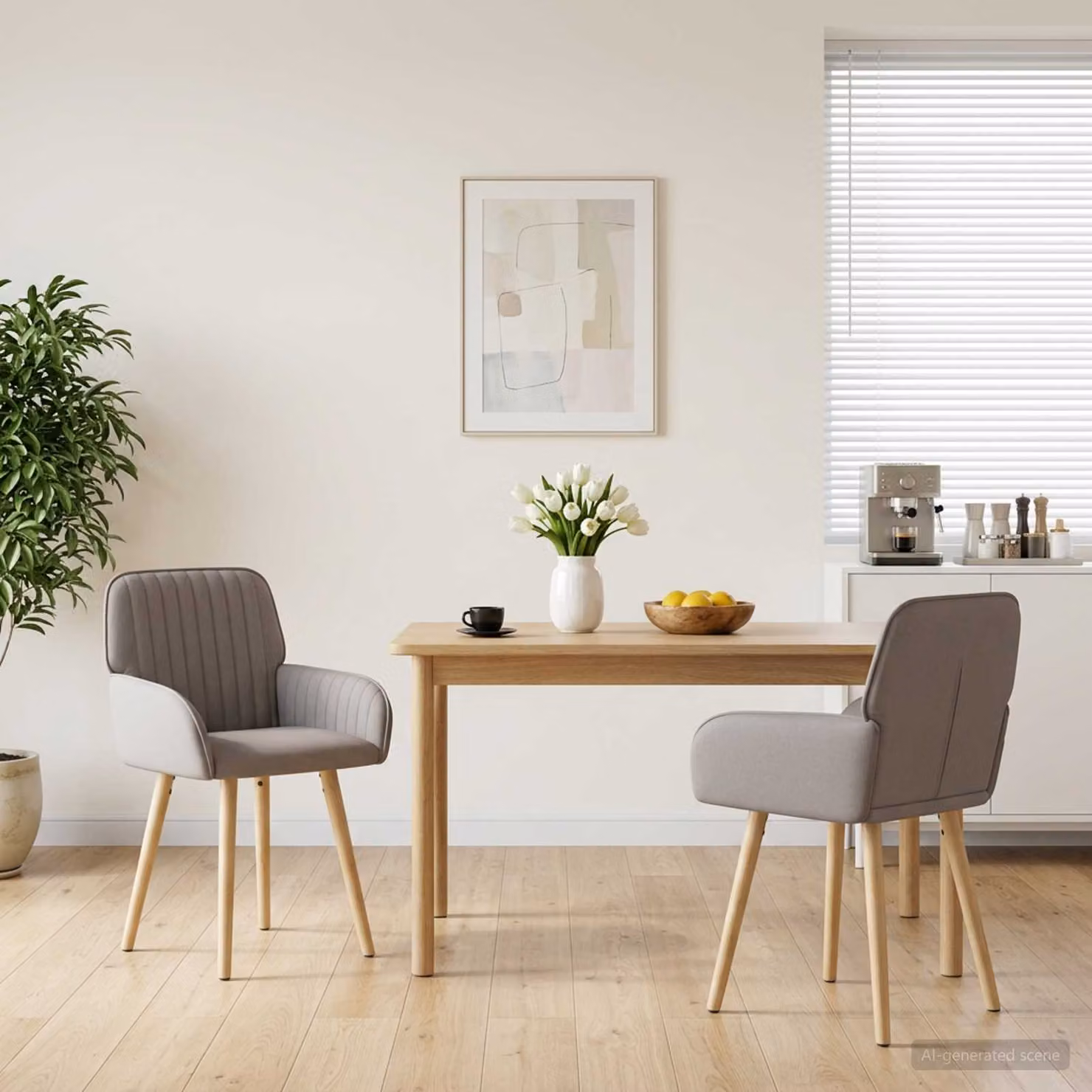 Set di 2 sedie da pranzo moderne vidaXL in tessuto beige e grigio con struttura in legno di gomma, L: 56,5 cm, P: 50 cm, H: 87,5 cm