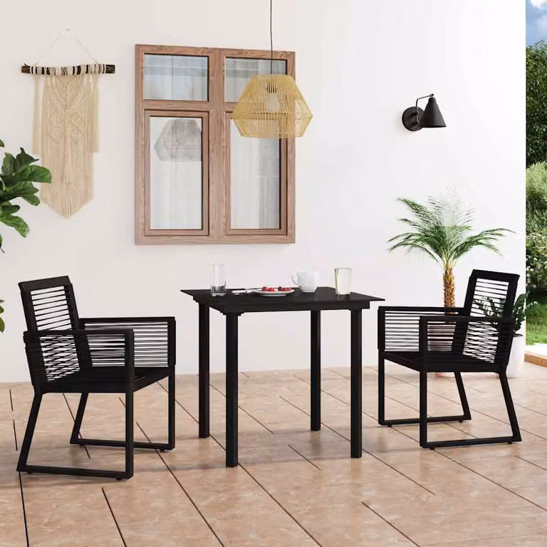 Set da pranzo da giardino vidaXL in polyrattan nero con tavolo in vetro e 3 sedie