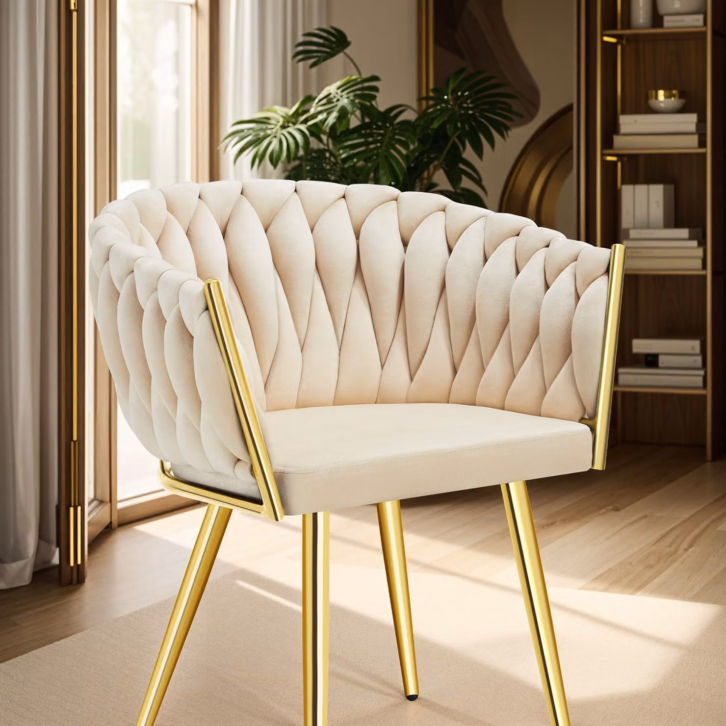 Set di 2 sedie da pranzo Astano in velluto con design a nodo, color sabbia e oro, modello moderno con braccioli e struttura in metallo – 2