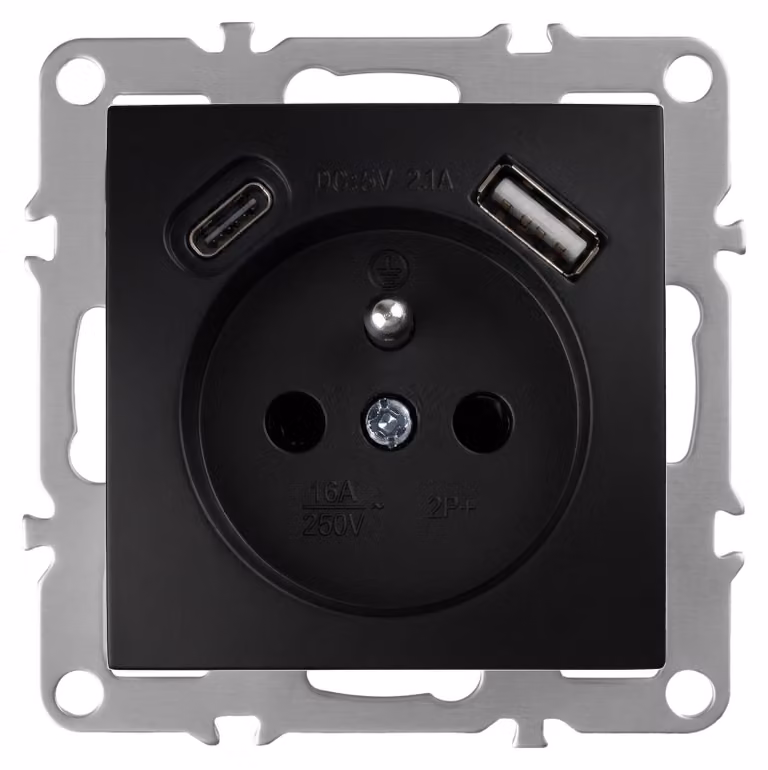 Presa Singola Con Messa A Terra Toolight Oste Jnh004-G +Usb-A, Usb-C Black