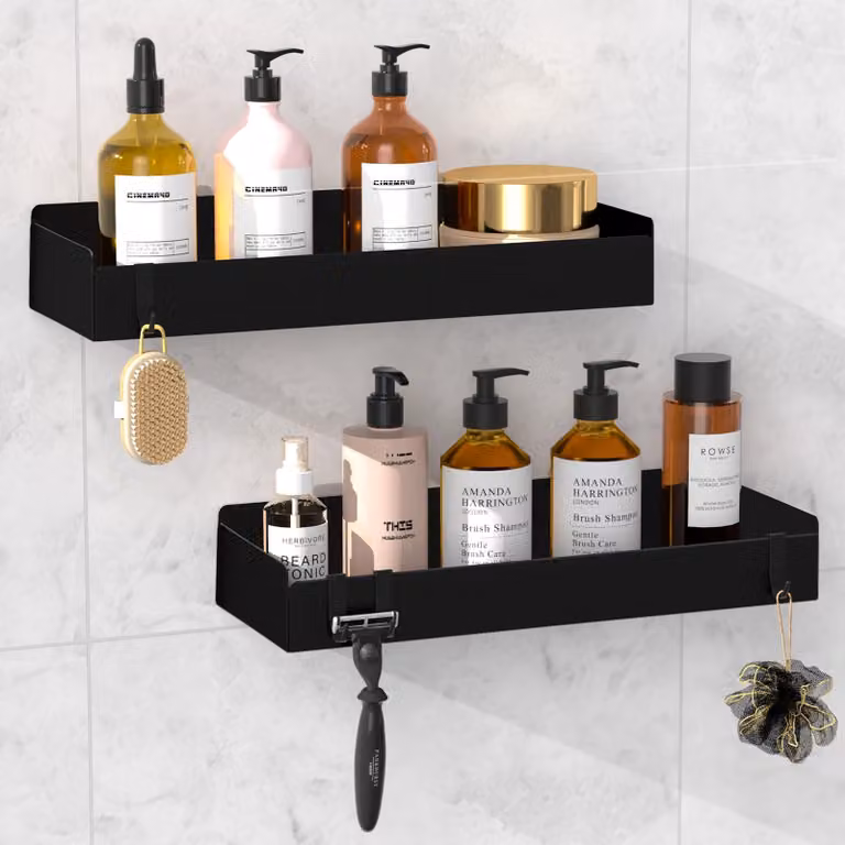 Solidchoice - Set di 2 portaoggetti da doccia neri, adesivi, senza necessità di foratura