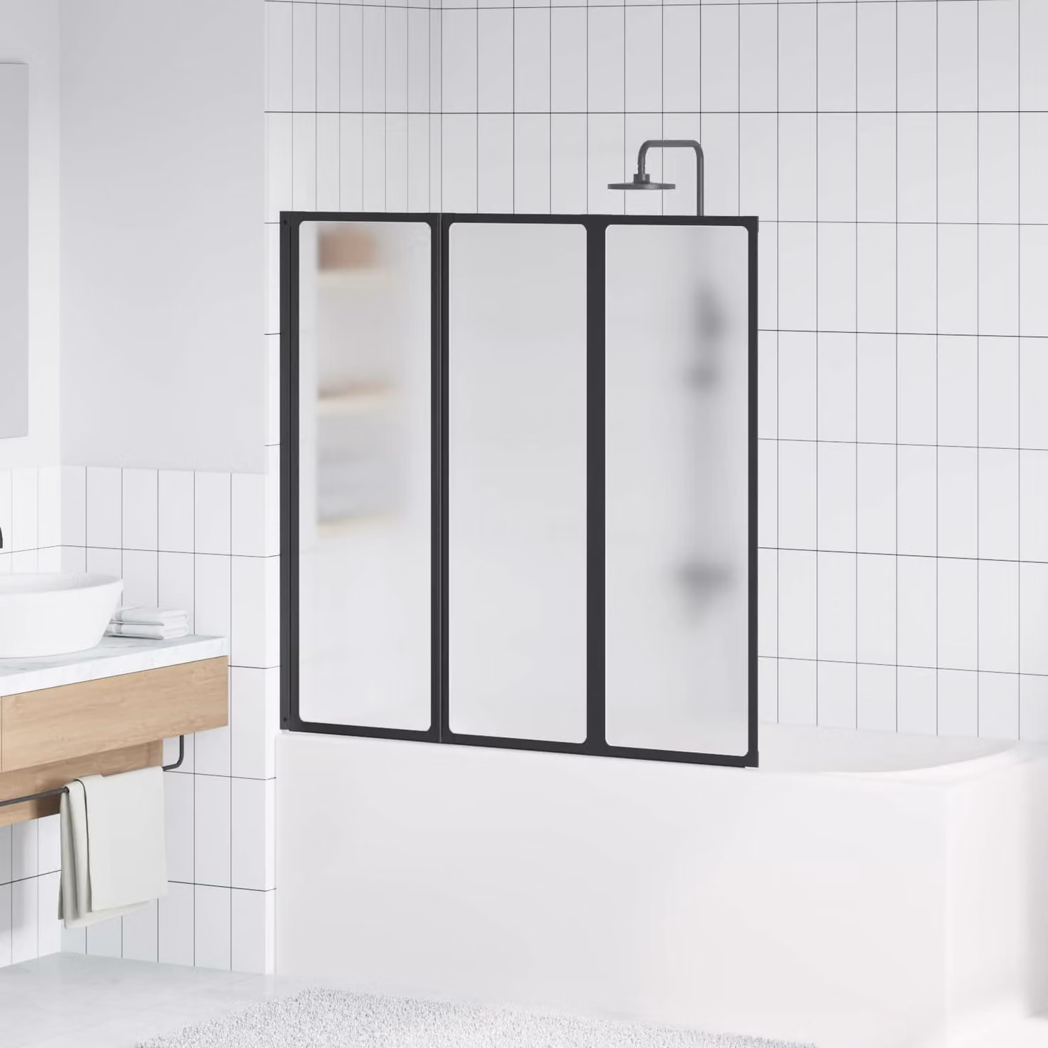 Parete doccia pieghevole vidaXL in alluminio e plastica, effetto satinato, Nero/Bianco, L: 120 cm, P: 2 cm, H: 117 cm