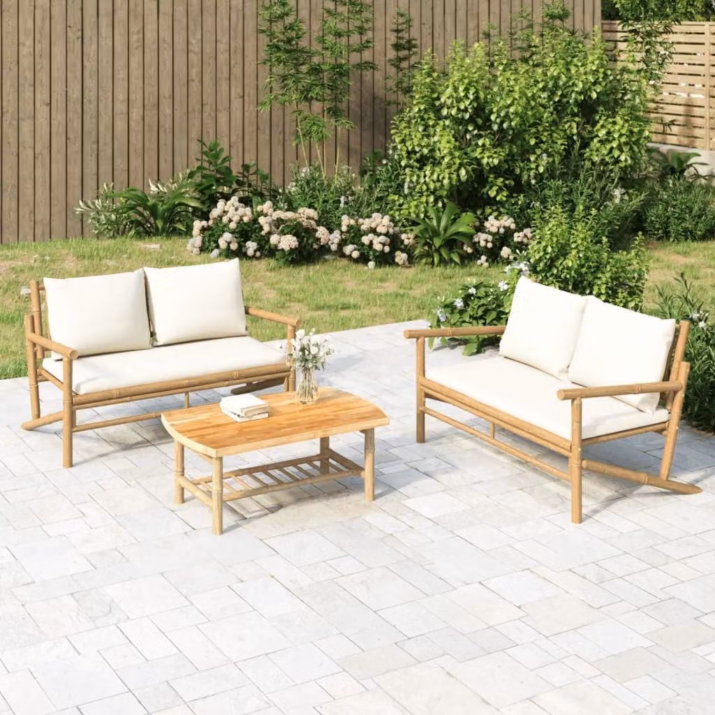 Set Salotto da Giardino vidaXL in Bambù con Divano a 2 Posti, Tavolino da Caffè e Cuscini Imbottiti, Colore Bianco e Beige