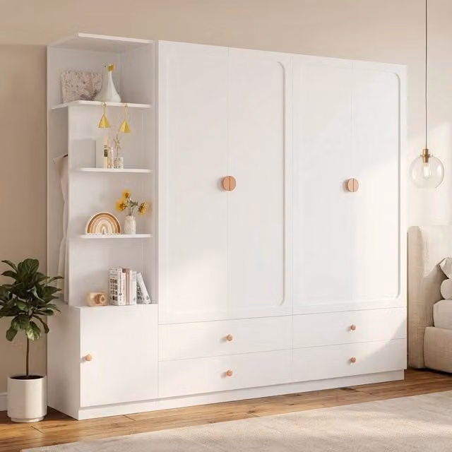 Armadio guardaroba modulare 225x45x200 cm bianco con 3 appendiabiti e 4 cassetti