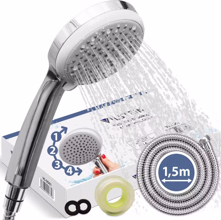 Soffione doccia VILSTEIN con tubo flessibile, tubo doccia in acciaio inox, 4 modalità di getto, protezione antitorsione, soffione doccia, soffione doccia con tubo flessibile, lunghezza 1,5 m