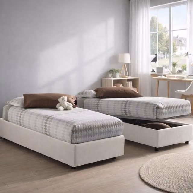 Letto singolo contenitore Avova Talamo Italia con materasso incluso, rivestimento in tessuto bianco, apertura frontale, dimensioni 80x200 cm