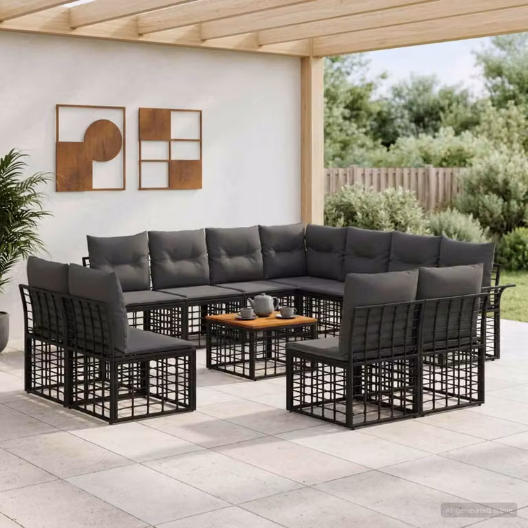 Set di divani da esterno vidaXL a forma di U con tavolino, composto da 12 pezzi in stile rustico, colore nero e grigio antracite con struttura in acciaio verniciato a polvere e cuscini rimovibili
