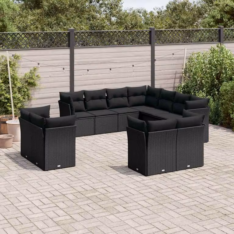 vidaXL Set Divani da Giardino a Forma di U 11 Pezzi con Cuscini in Polyrattan e Acciaio Nero
