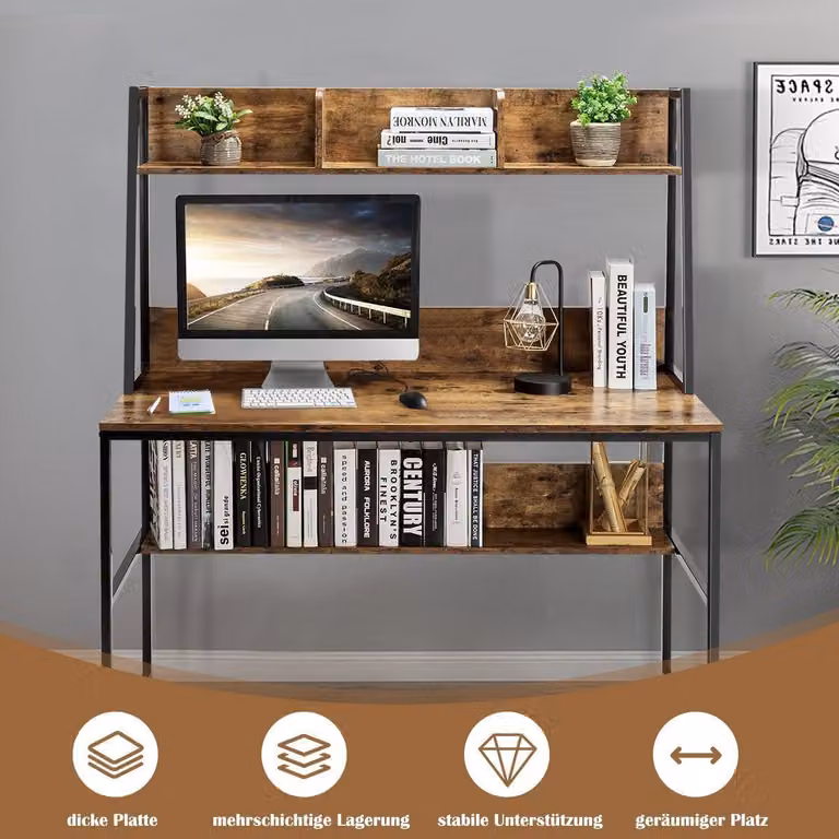 Scrivania per computer con ripiano, libreria e poggiapiedi regolabili, tavolo da lavoro e caffè