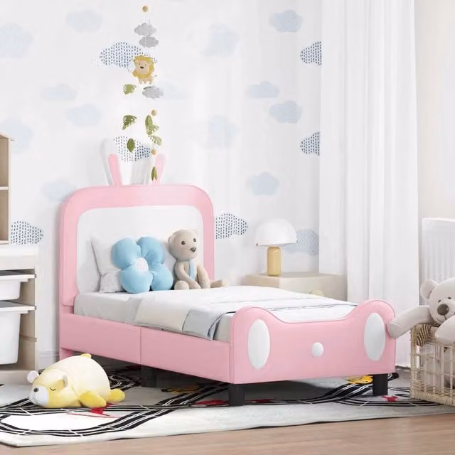 Struttura letto per bambini con testata e giroletto in ecopelle rosa, L: 140 cm, P: 70 cm, H: 74 cm