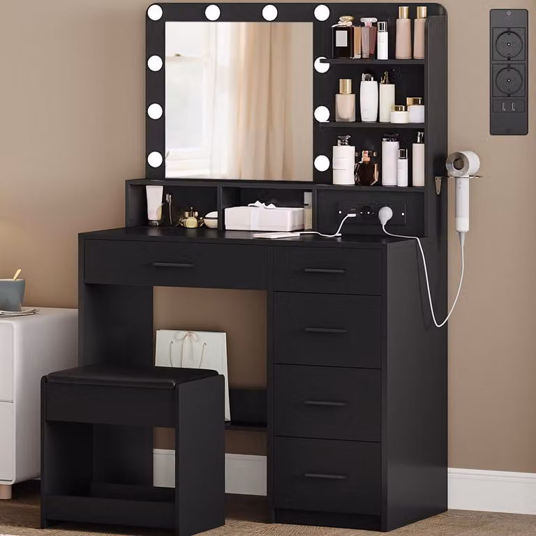 Comò da trucco con sgabello, illuminazione a LED (10 luci), grande specchio, supporto per asciugacapelli, 5 cassetti, colore nero, dimensioni 90 x 40 x 139 cm