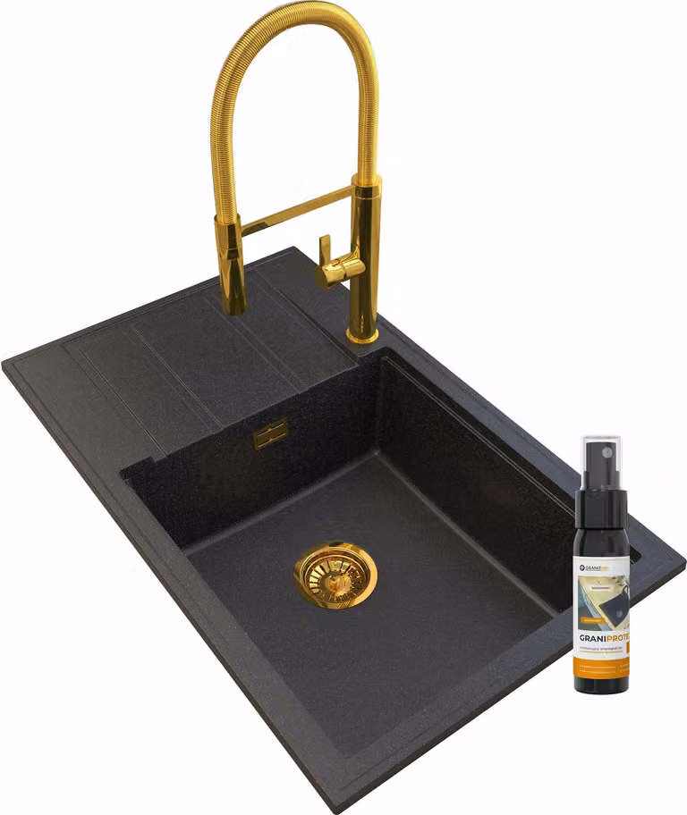 Granitan - Lavello in granito - Lavello da cucina - Nero-oro - con sgocciolatoio - Lavello - LOUIS GOLD