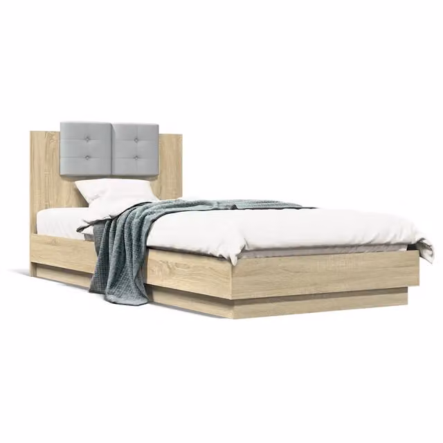 Letto singolo moderno con testiera imbottita in tessuto e struttura in legno, L/P/H: 90 x 200 cm – 1