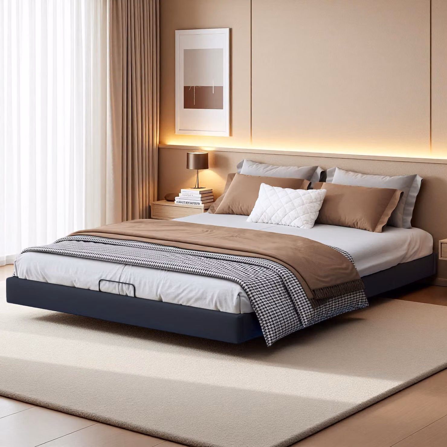 Letto imbottito Fortuna Lai 160x200cm con LED e rete a doghe, letto in lino con rete idraulica, nero