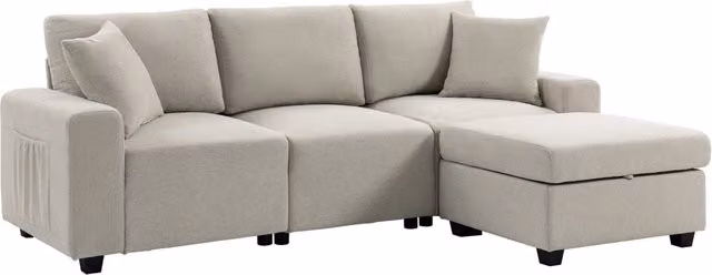 Divano Angolare 3 Posti in Tessuto Effetto Lino con Contenitore Poggiapiedi Rimovibile, 2 Cuscini, Beige