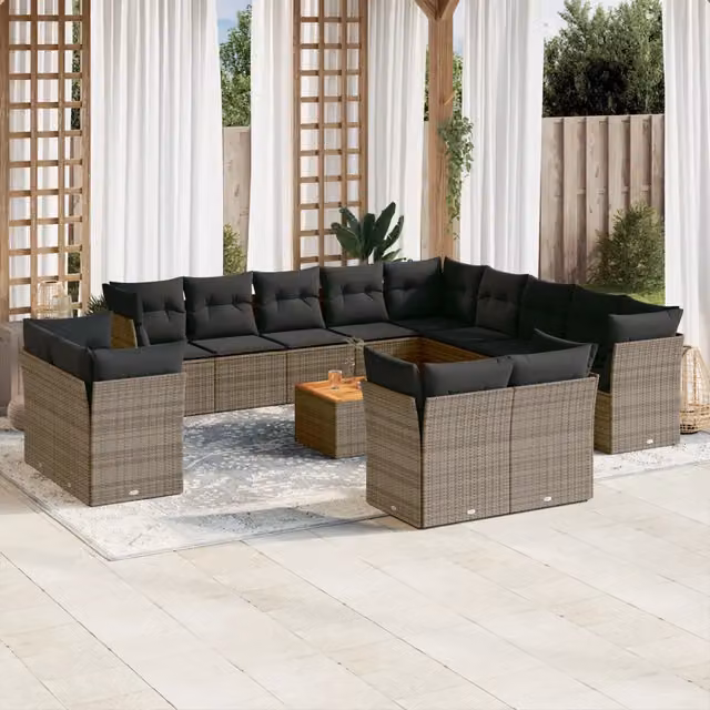 vidaXL Set di Divani da Giardino a L in Polyrattan e Legno di Acacia con Cuscini e Tavolino, Grigio – 1