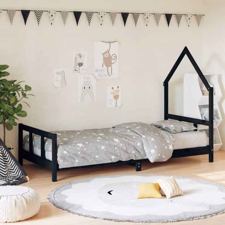 vidaXL Giroletto per Bambini in Legno Massello di Pino Nero L/P: 90 x 200 cm