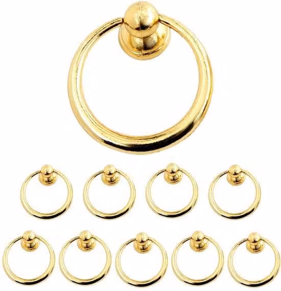 Ibenzoa® Set di 10 maniglie dorate, realizzate in lega di zinco, con anello di diametro 37 mm – ideali per armadi, guardaroba, librerie e cassetti, complete di viti