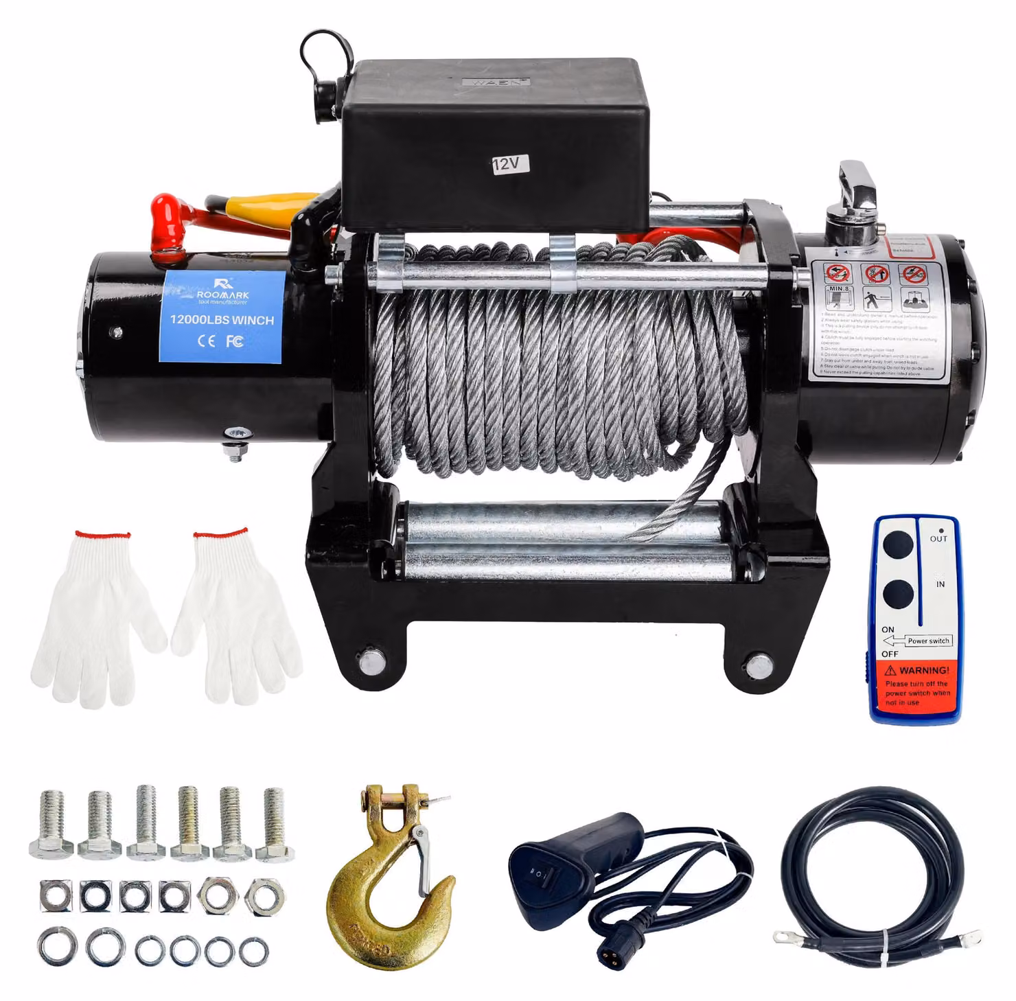 Verricello elettrico - Verricello per fuoristrada - Verricello per auto - Verricello a cavo - Capacità di traino: 5443 kg - Grado di protezione IP67 (resistente all'acqua) - 12000 lbs