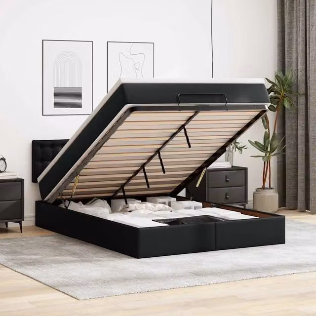 Pouf Letto con Materassi e LED Nero 140x200cm Similpelle 3312157