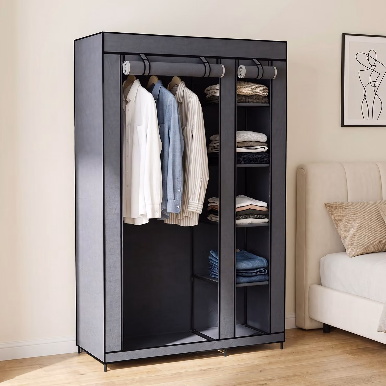 Armadio in tessuto HOMCOM con barra appendiabiti e ripiani, grigio, L: 110 cm, P: 45 cm, H: 175 cm – 2