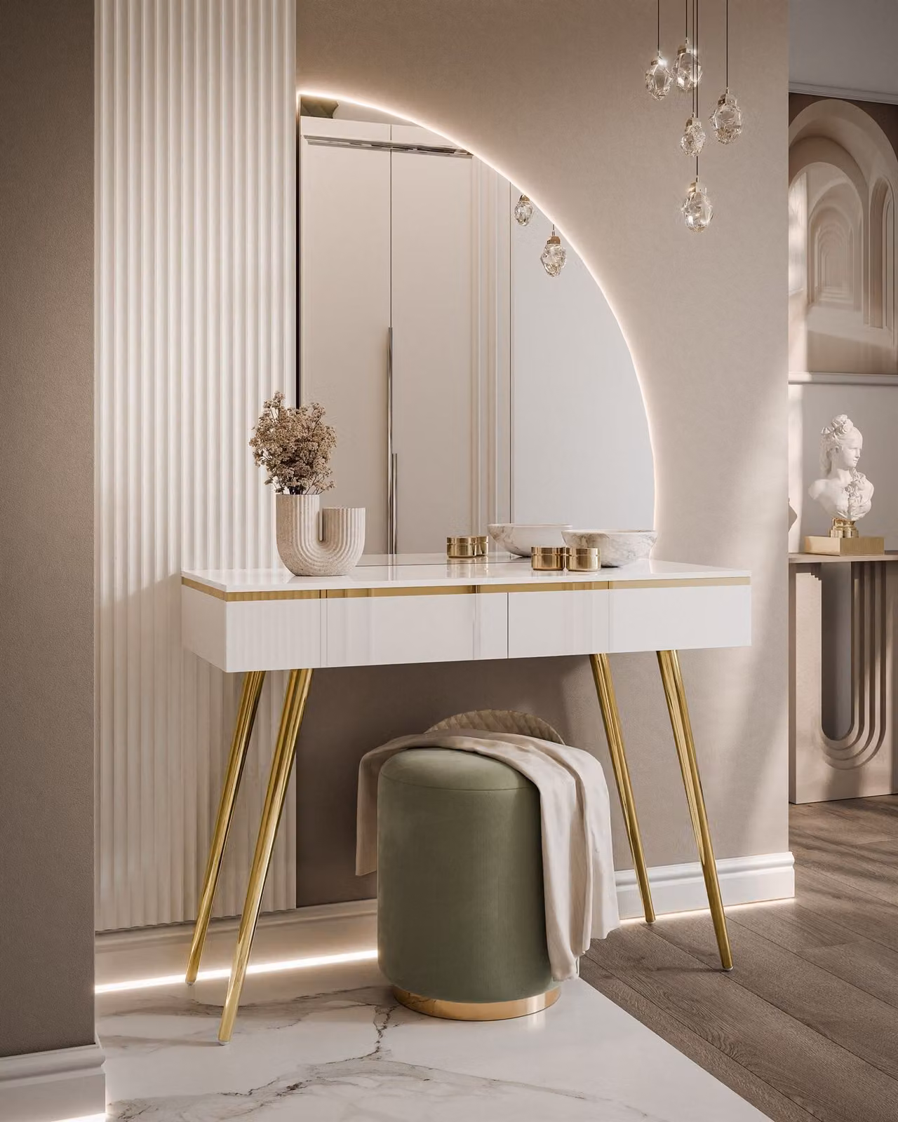 Tavolo da trucco AURORA-SQ con specchio bianco lucido, versione: destra