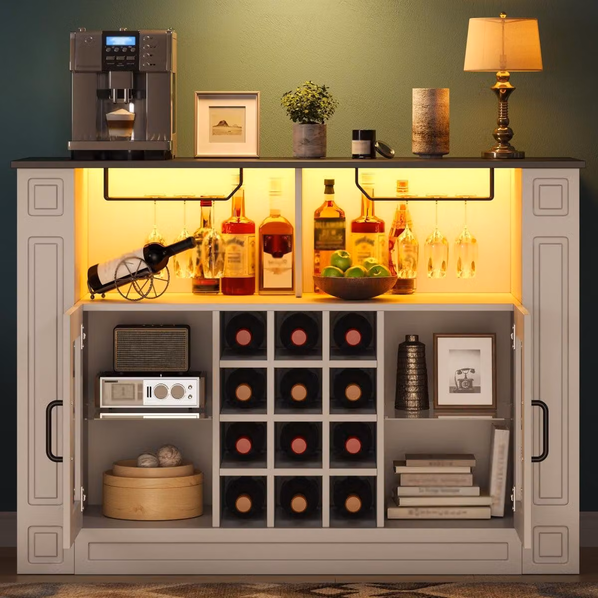 Armadio per vini con illuminazione a LED, modello "Kaffeebarschrank", colore bianco, dimensioni 120 x 35 x 84 cm