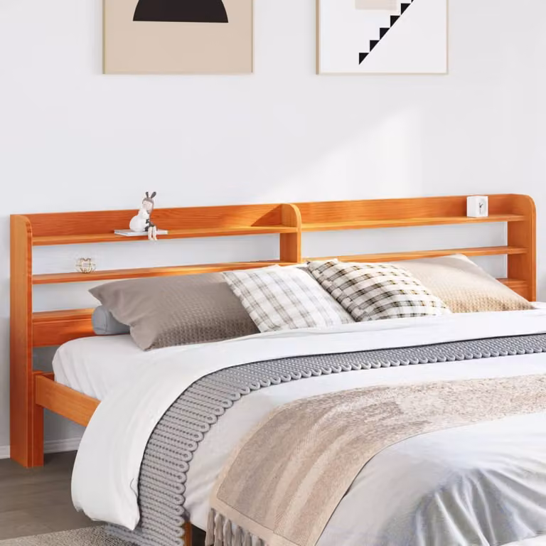 Testiera con ripiani integrati vidaXL in legno massello di pino, colore marrone cera, stile rustico, larghezza: 210 cm