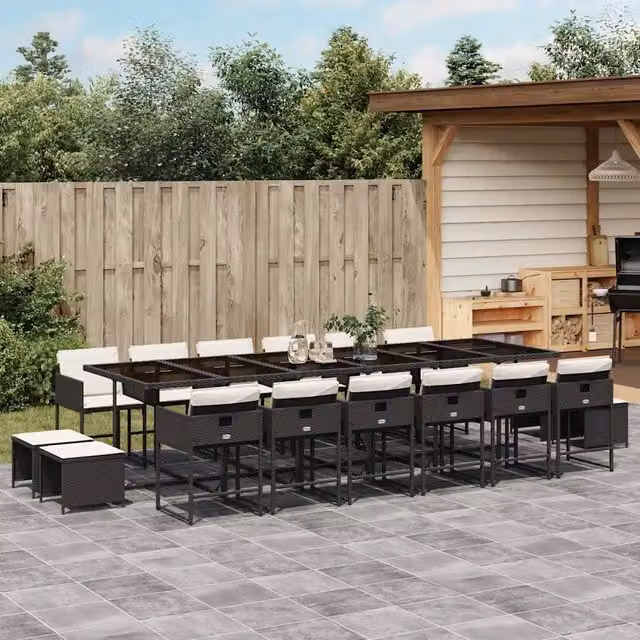 Set da pranzo da giardino vidaXL in polyrattan nero con cuscini e tavolo in vetro, 17 pezzi