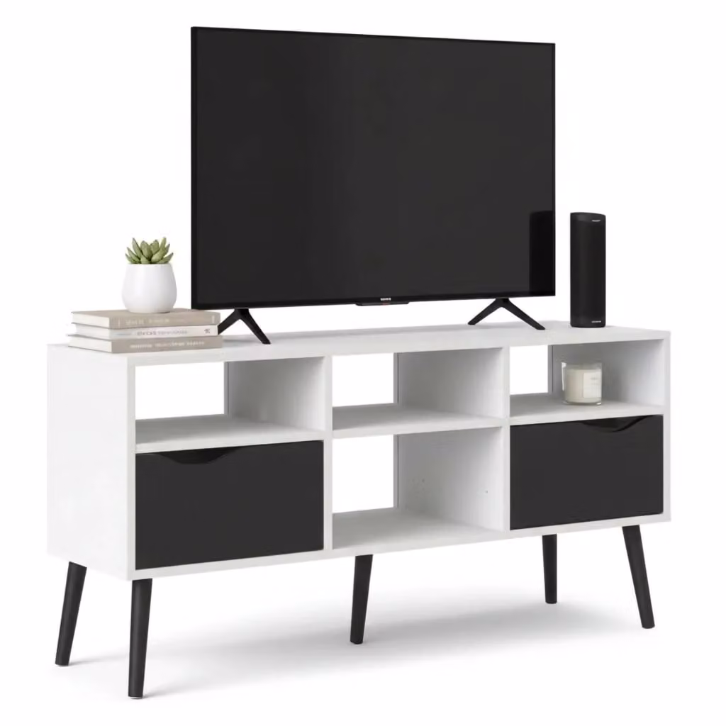 Mobile porta TV moderno DMORA con due cassetti e scomparti per media, colore bianco e nero, L: 117,2 cm, P: 57,4 cm, H: 39,1 cm – 2