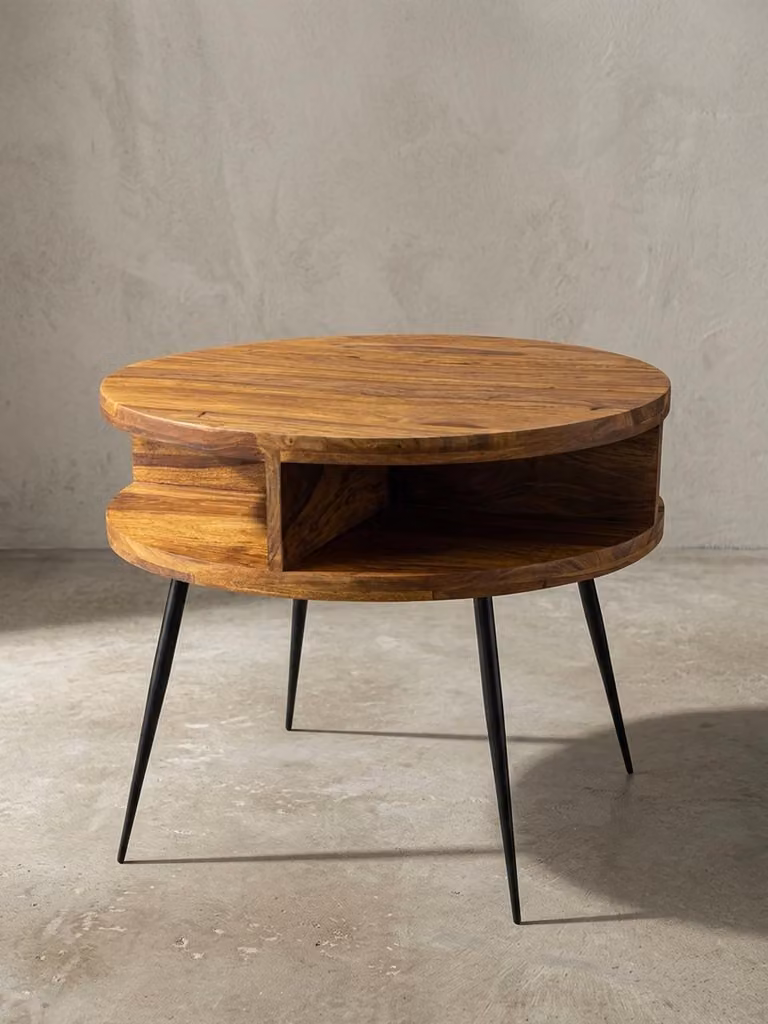 Tavolino Sheesham in legno massello / metallo 60x45x60 cm Tavolino da salotto, tavolino di design con ripiano, tavolino da salotto piccolo rotondo marrone