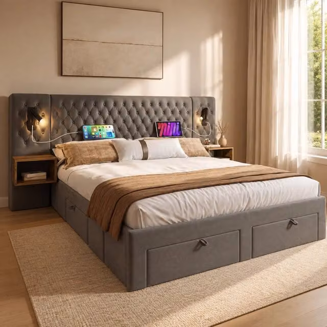 Letto matrimoniale imbottito 160x200 cm in velluto grigio con 2 comodini; 4 cassetti; luci da lettura e USB/Type-C