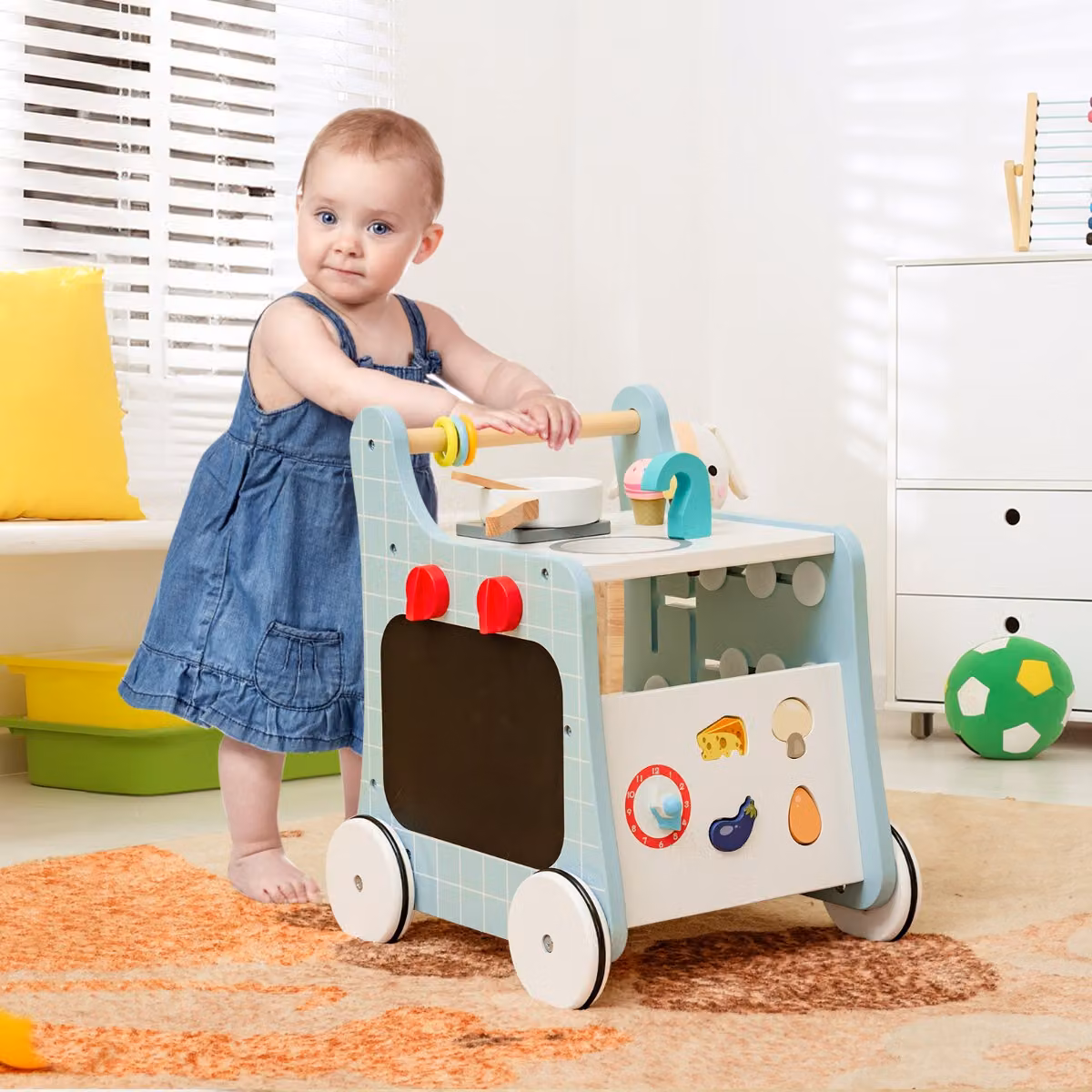 Costway Carrellino Primi Passi 6 in 1 in Legno con Cucina Giocattolo Blu per Bambini