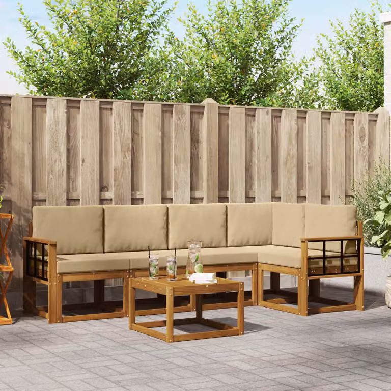 Set di divani da esterno vidaXL a forma di L con tavolo da caffè, 6 pezzi, in legno di acacia marrone e beige