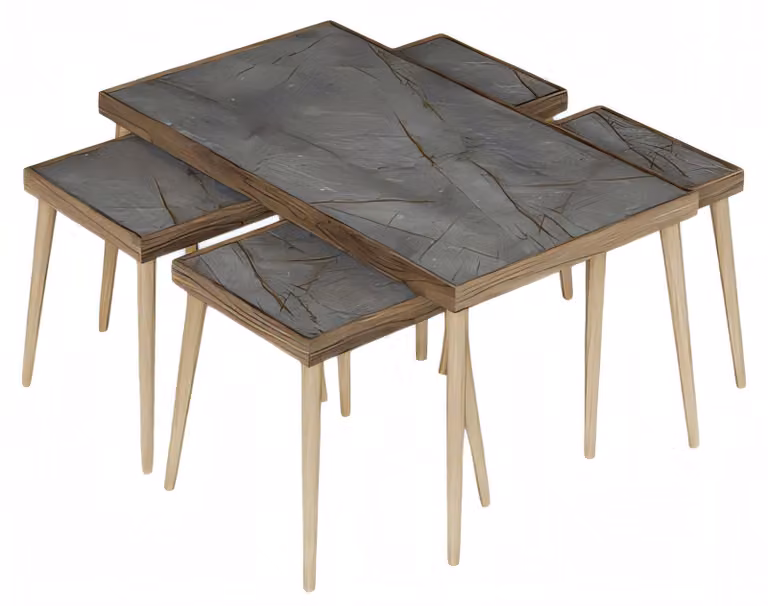 Eleganter grauer Holztisch-Set mit Couchtisch und Beistelltischen