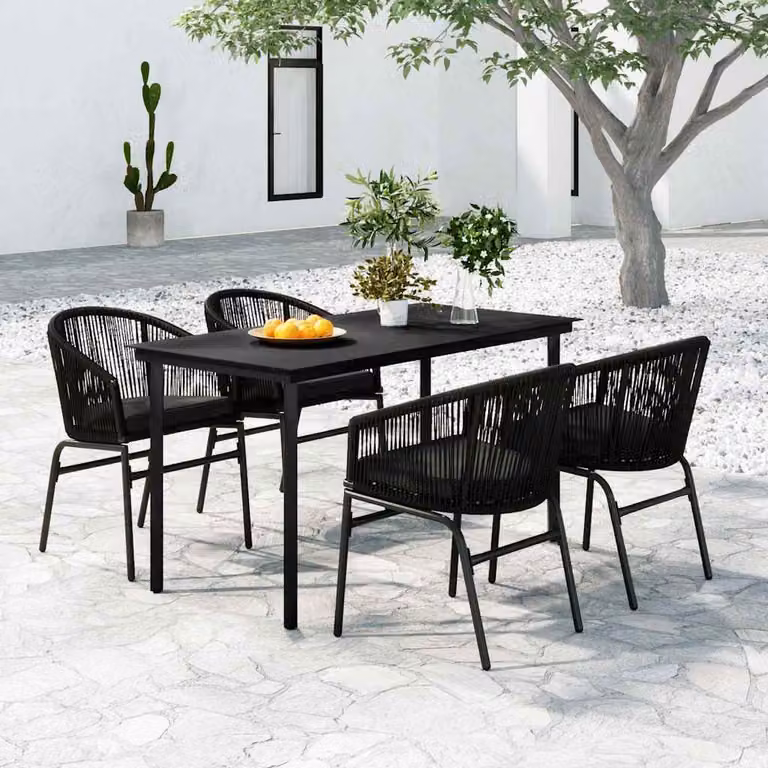 Set da pranzo da giardino vidaXL in acciaio nero opaco con piano in vetro, 5 pezzi