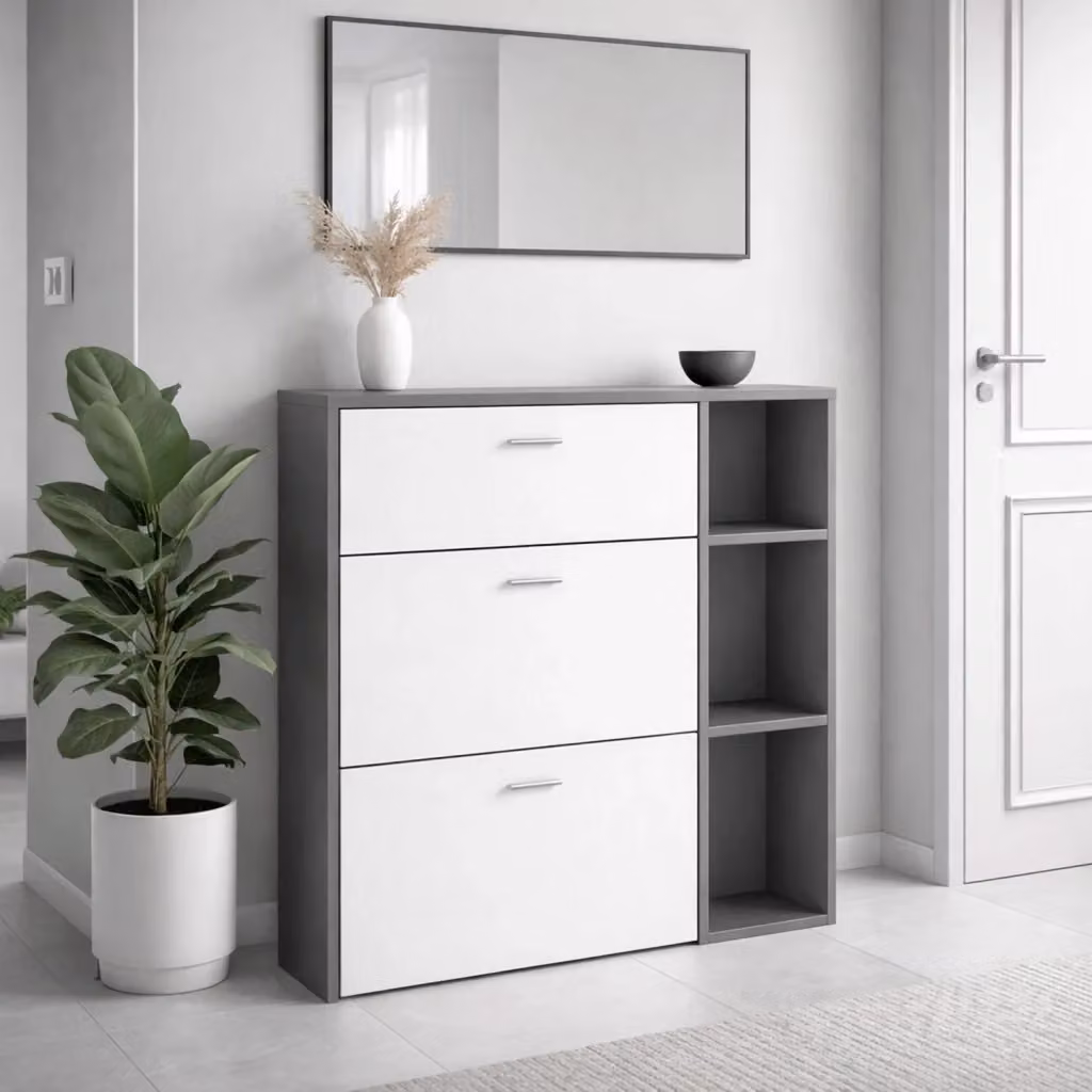 Scarpiera Salvaspazio Arreditaly con 2 Ribalte, 1 Cassetto e 3 Vani a Giorno, Design Moderno per Ingresso e Corridoio, Bianco e Grigio, L: 90 cm, H: 101.5 cm, P: 26 cm – 2