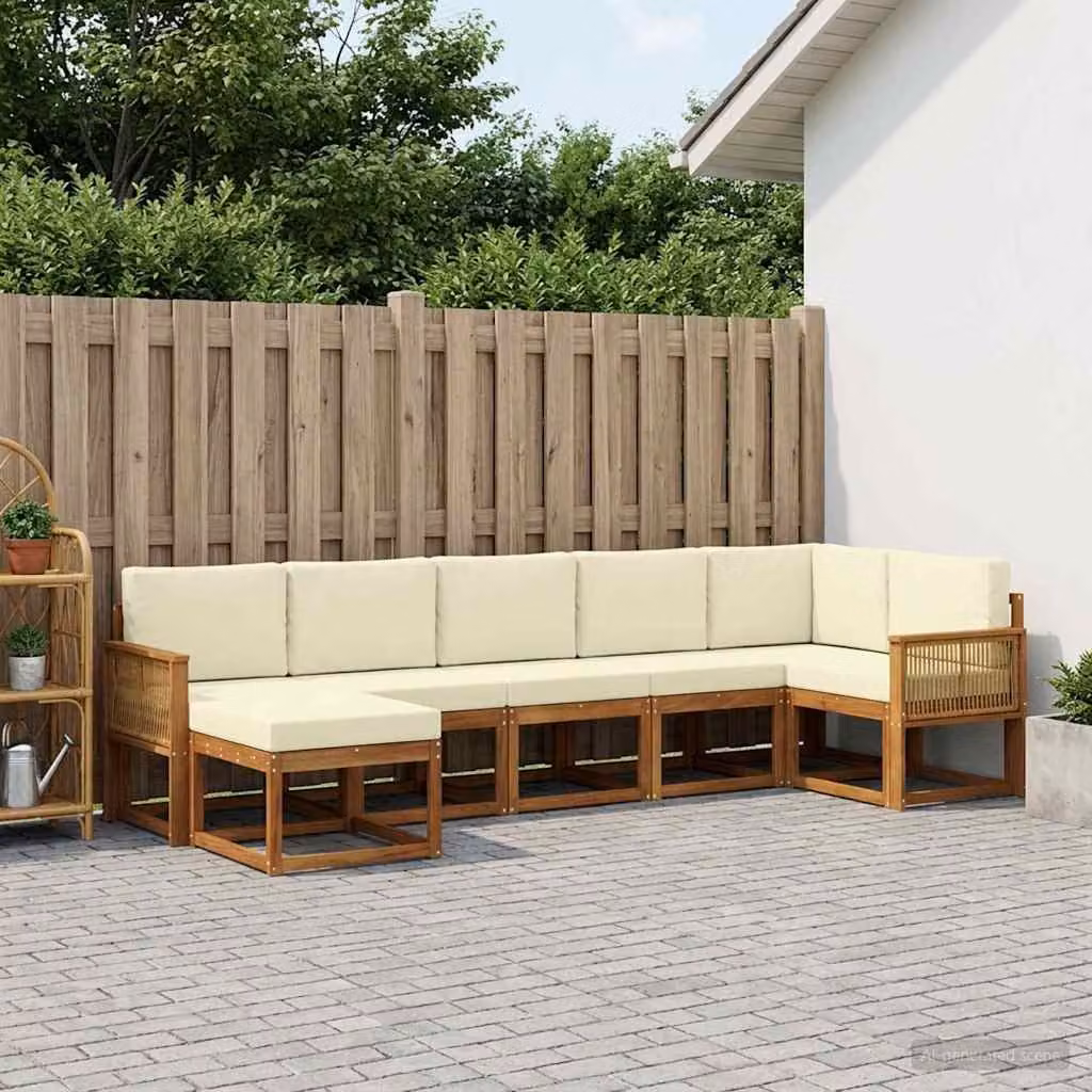Set di divani da esterno vidaXL 7 pz in legno di acacia con cuscini beige e bianco