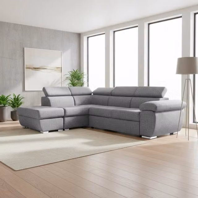 Divano Letto Angolare Tezeta con Penisola Sinistra, Poggiatesta Regolabile e Pouf Contenitore, Grigio, L 264 x P 91 x H 45 cm, Materasso 120 x 200 cm