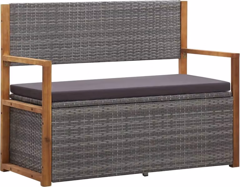 The Living Store Panca con contenitore 115 cm in poly rattan legno massiccio acacia grigio