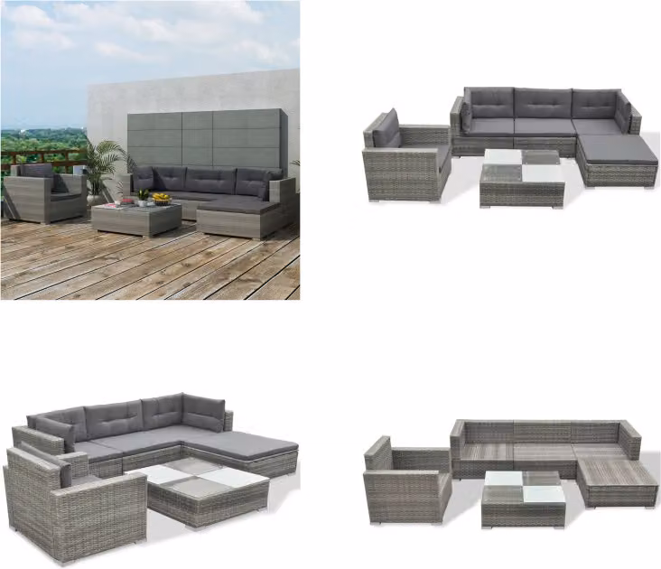 vidaXL set salotto da giardino 6 pezzi con cuscini in poly rattan grigio - Set di mobili da giardino - Set di mobili da giardino - Set di mobili da giardino - Set di mobili da giardino