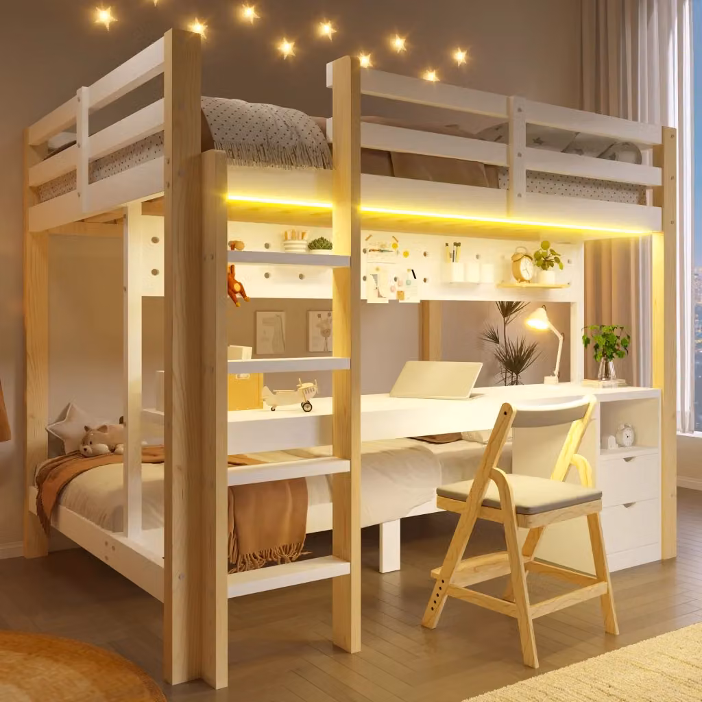 Letto a castello Mivray con scrivania, cassetti e illuminazione LED, colore bianco, H 205 x L 170 x P 120 cm – 2