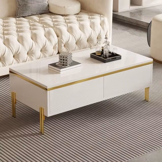Tavolino da caffè bianco lucido 100x50x36 cm con doppio cassetto e gambe in metallo