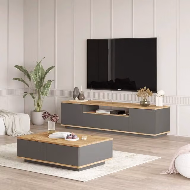 Set di mobili da soggiorno modulabile Nativo DMORA in legno rovere nodi marrone e nero L: 180 cm, P: 45 cm, H: 45 cm