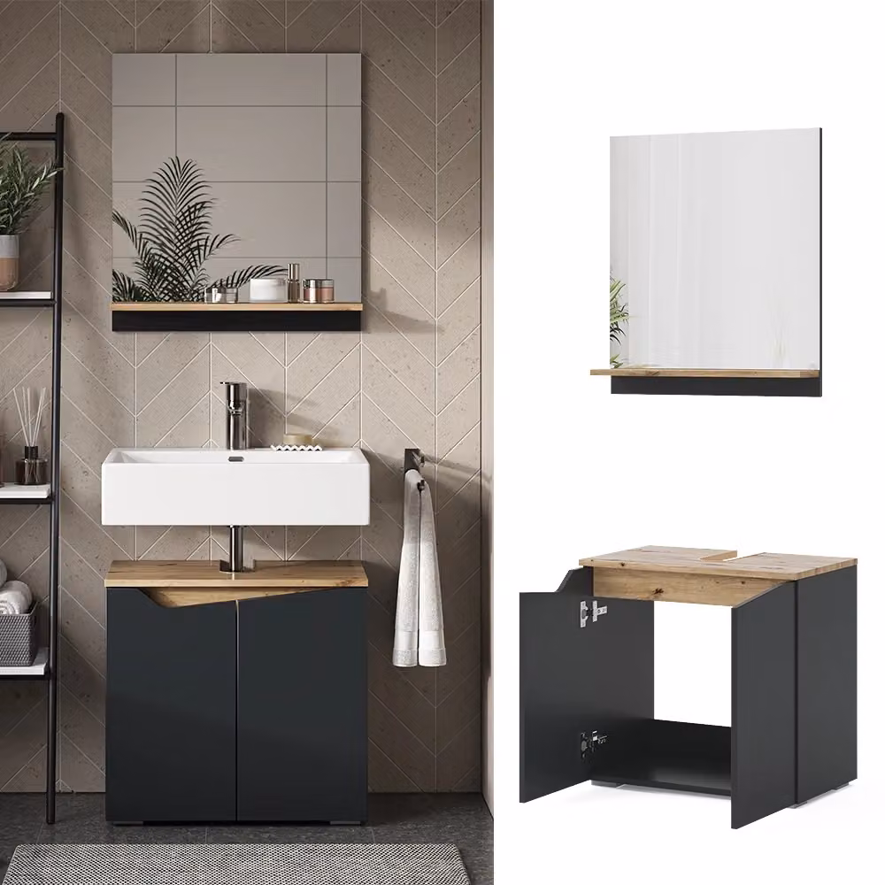 Set di mobili da bagno Vicco Marelle composto da mobile lavabo e pensile con specchio, colore Antracite e Rovere, sospeso – 2
