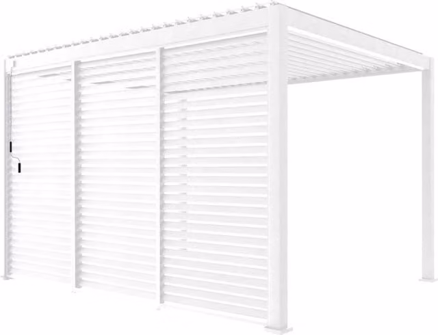 Pergola bioclimatica Sweeek in alluminio e acciaio, bianco, L: 400 cm, P: 300 cm, H: 250 cm, con 3 persiane da 130 cm – 1