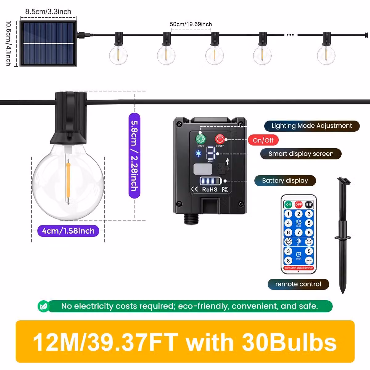 Catena luminosa a LED solare - 12 metri con 30 luci a forma di sfera - Telecomando - Timer con 3/5/8 ore - 8 modalità di illuminazione lampeggiante - Lampadine resistenti agli urti - Grado di protezione IP44
